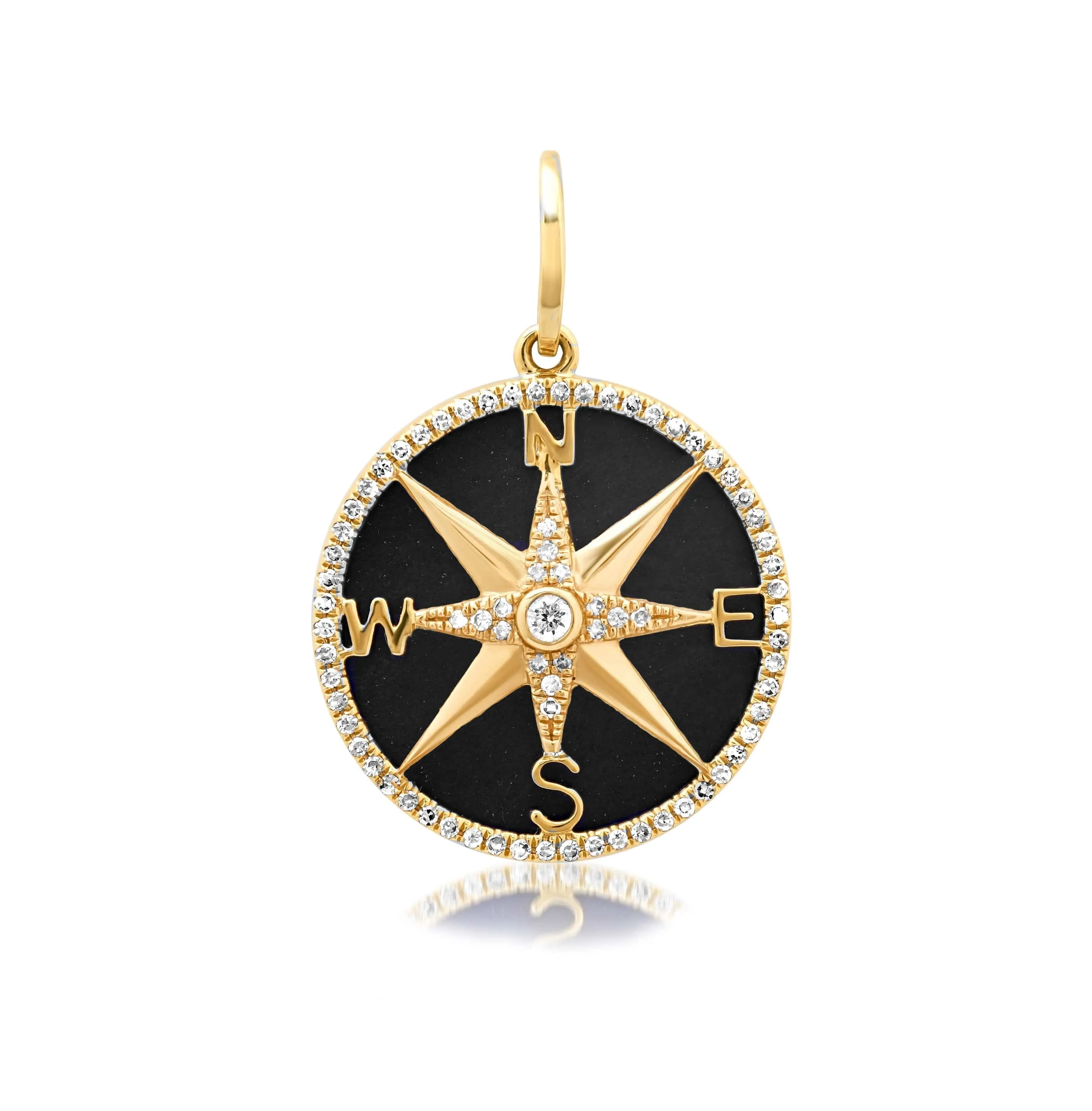 14K Gold Black Onyx and Pave Diamond Compass Charm, Medium