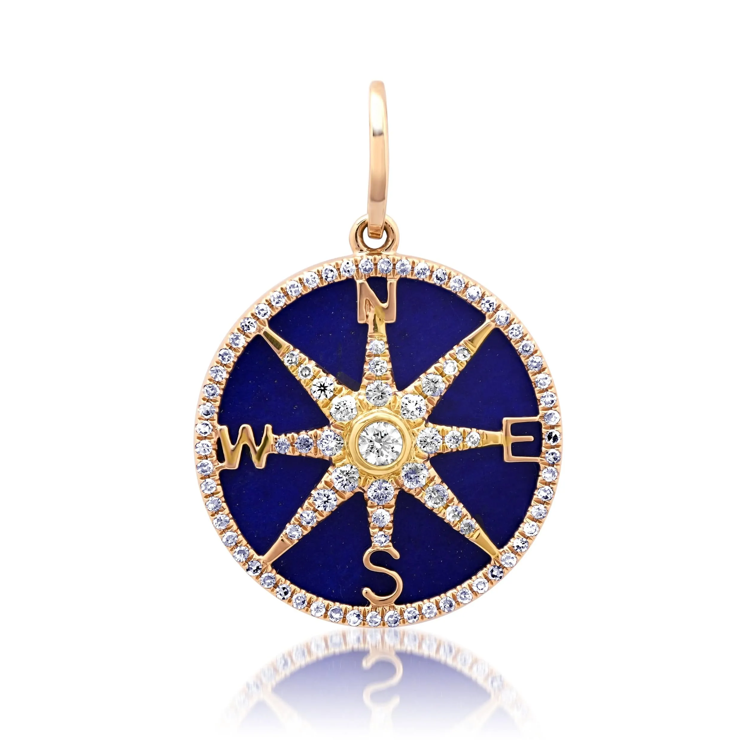 14K Gold Lapis and Pave Diamond Compass Charm, Full Diamonds