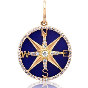 14K Gold Lapis and Pave Diamond Compass Charm, Large