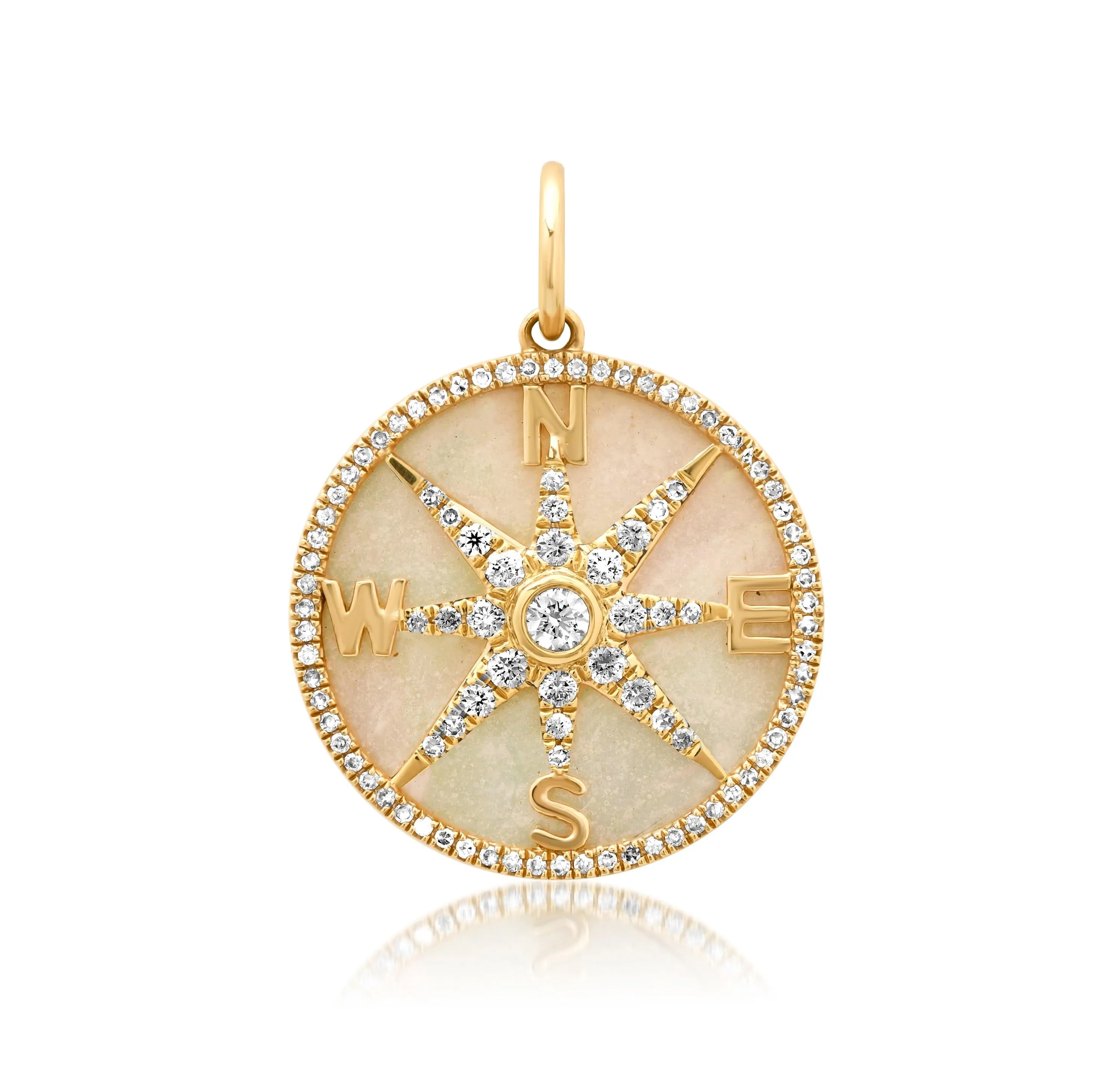 14K Gold Mother of Pearl and Pave Diamond Compass Charm, Full Diamonds