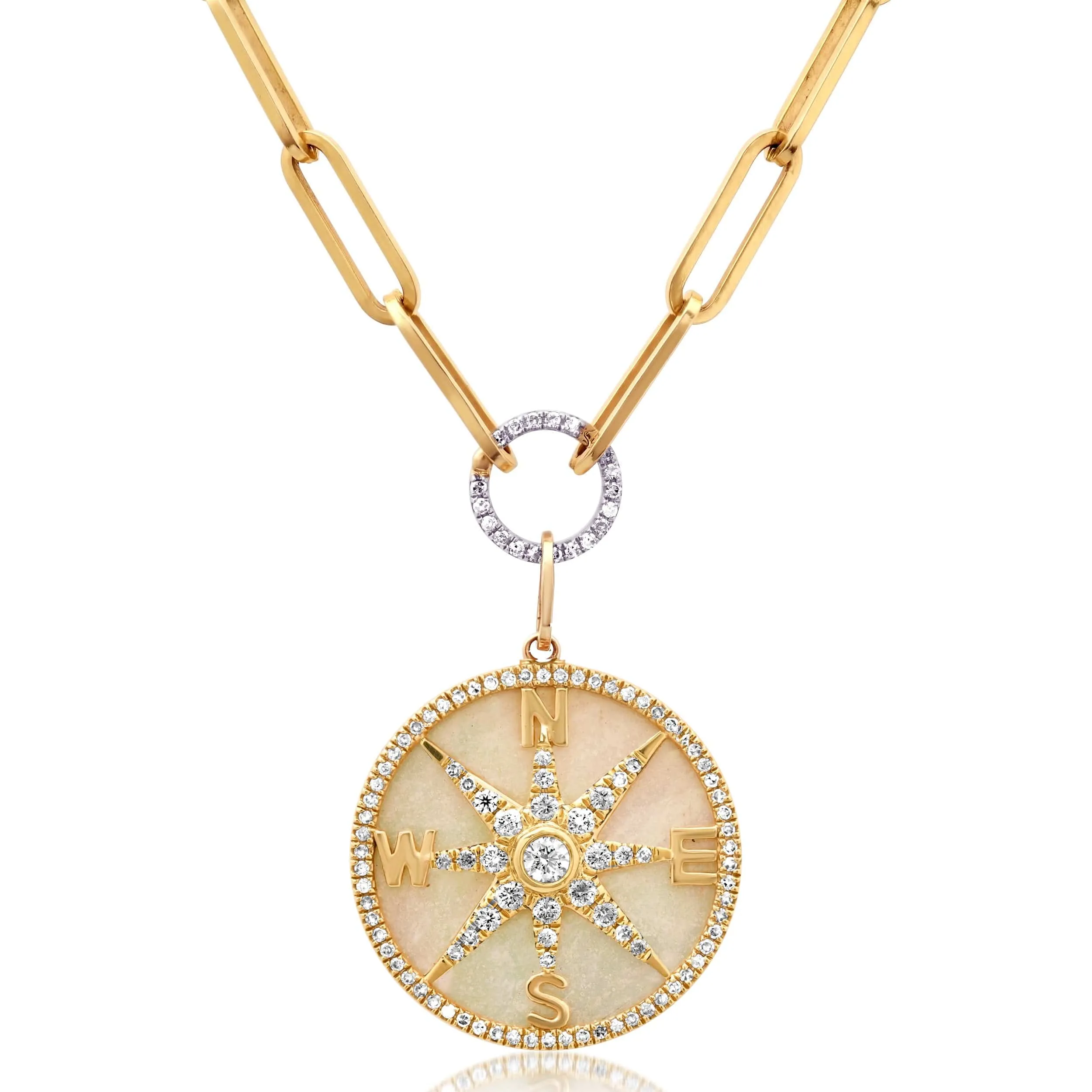 14K Gold Mother of Pearl and Pave Diamond Compass Charm, Full Diamonds