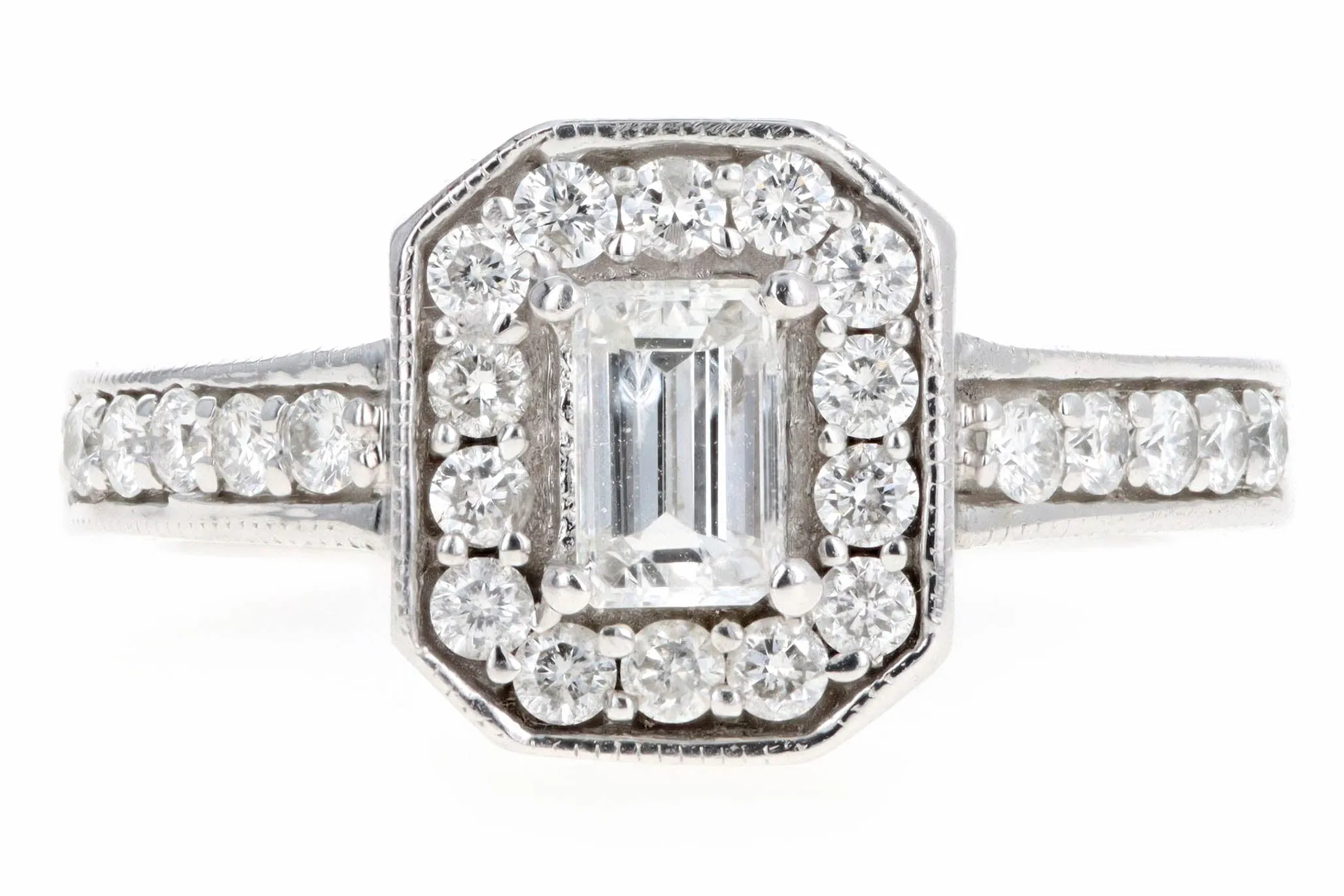 14K White Gold 0.35 Carat Emerald Cut Diamond Halo Engagement Ring