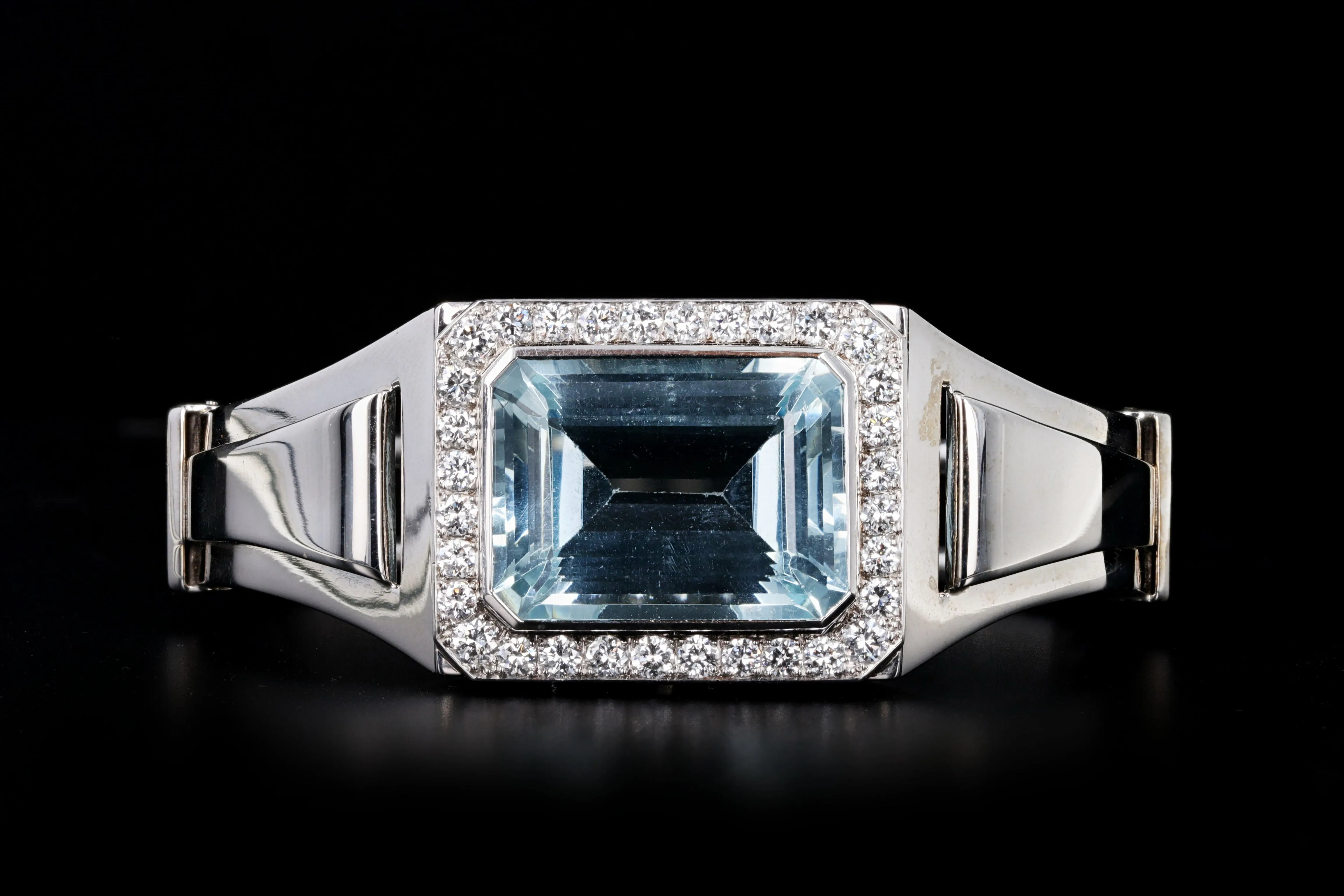 14K White Gold 25 Carat Emerald Cut Aquamarine & Diamond Cuff Bangle