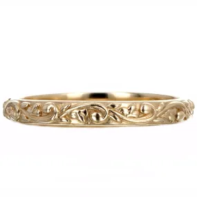 14K Yellow Gold Vintage Inspired Floral Engraved Stackable Wedding Band