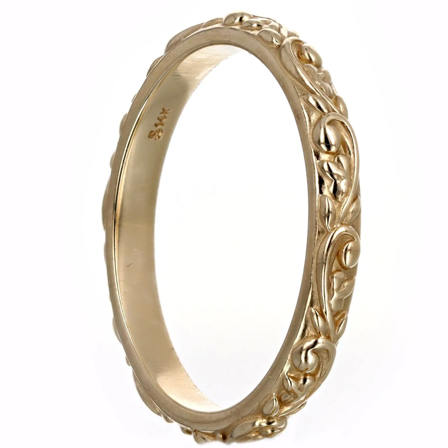 14K Yellow Gold Vintage Inspired Floral Engraved Stackable Wedding Band