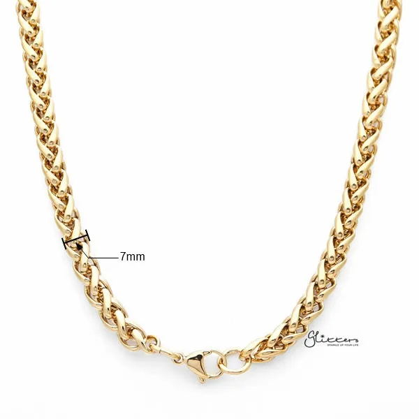 18K Gold I.P Stainless Steel Braided Wheat Chain Men's Necklaces - 7mm width | 61cm length