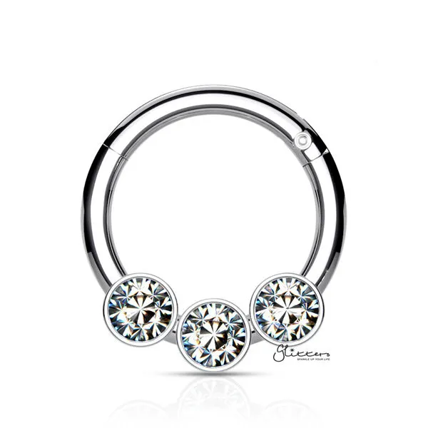 316L Surgical Steel Hinged Segment Hoop Ring with 3 Crystals - Silver