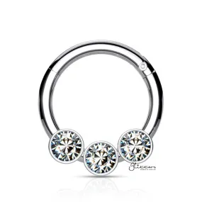 316L Surgical Steel Hinged Segment Hoop Ring with 3 Crystals - Silver