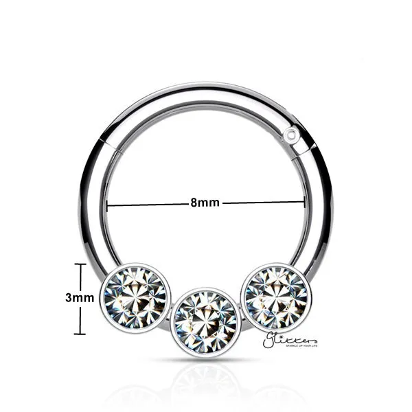 316L Surgical Steel Hinged Segment Hoop Ring with 3 Crystals - Silver