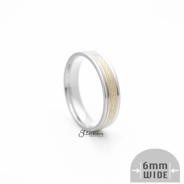 6mm Silver Greek Key on Gold Background Stainless Steel Band Rings