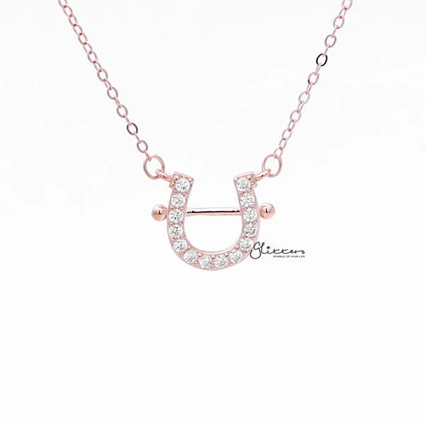 925 Sterling Silver C.Z Paved Horseshoe Necklace - Rose Gold