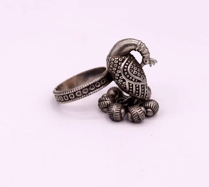 925 sterling silver handmade fabulous peacock design ring with amazing noisy jingle bells excellent customized jewelry for belly dance