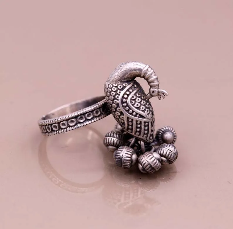 925 sterling silver handmade fabulous peacock design ring with amazing noisy jingle bells excellent customized jewelry for belly dance