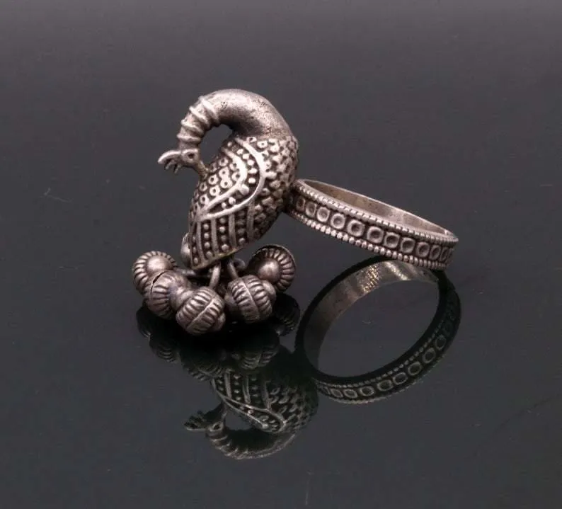 925 sterling silver handmade fabulous peacock design ring with amazing noisy jingle bells excellent customized jewelry for belly dance