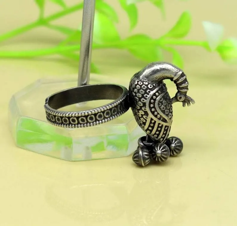 925 sterling silver handmade fabulous peacock design ring with amazing noisy jingle bells excellent customized jewelry for belly dance