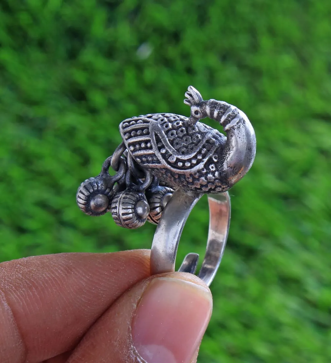 925 sterling silver handmade fabulous peacock design ring with amazing noisy jingle bells excellent customized jewelry for belly dance