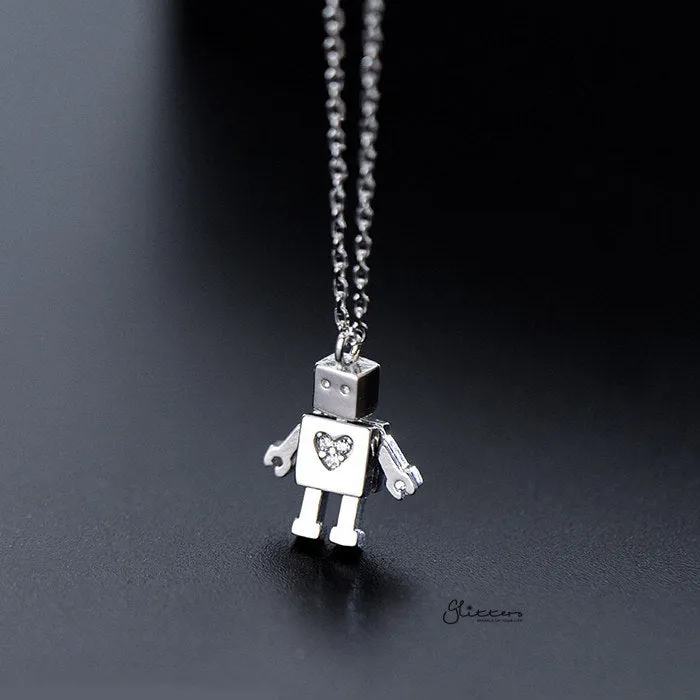 925 Sterling Silver Robot with C.Z Heart Pendant Necklace