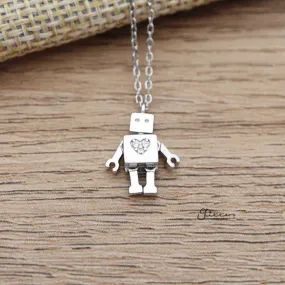 925 Sterling Silver Robot with C.Z Heart Pendant Necklace