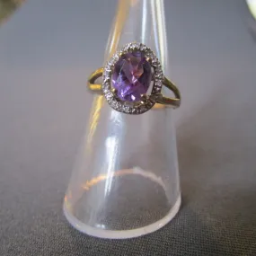 9Kt Gold Amethyst And Diamond Ring  size N Vintage c1970