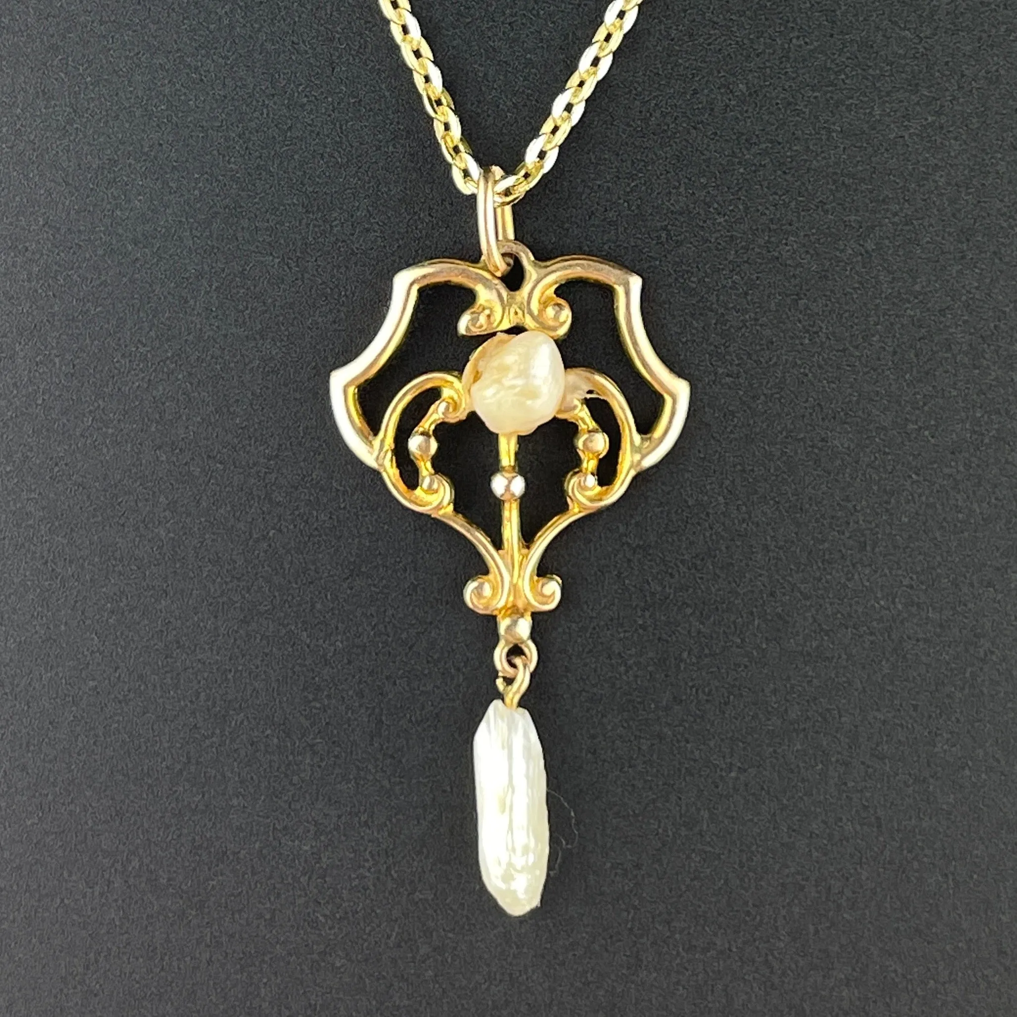 Antique Edwardian 14K Gold Pearl Lavaliere Pendant Necklace