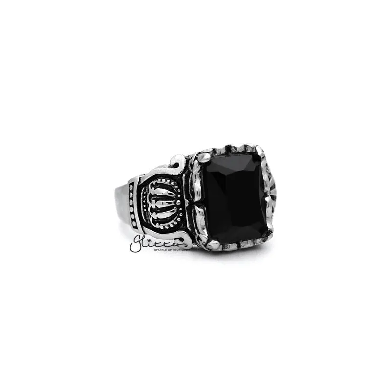 Antiqued Stainless Steel Casting Men's Rings with Black Rectangle C.Z