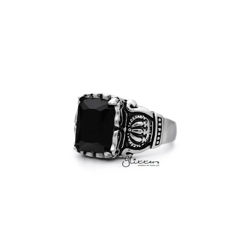 Antiqued Stainless Steel Casting Men's Rings with Black Rectangle C.Z