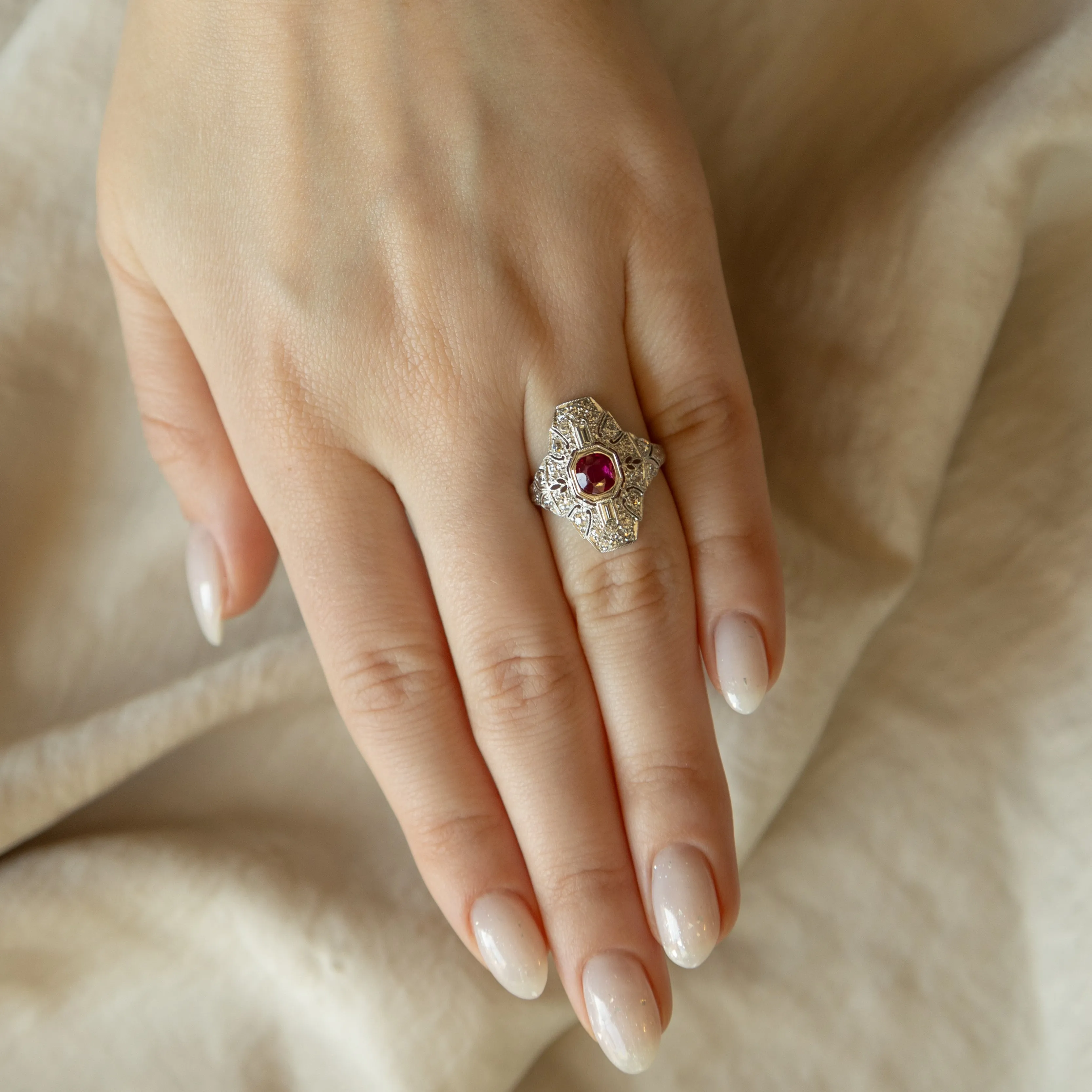 Art Deco 0.50 Carat Natural Ruby Diamond Shield Ring