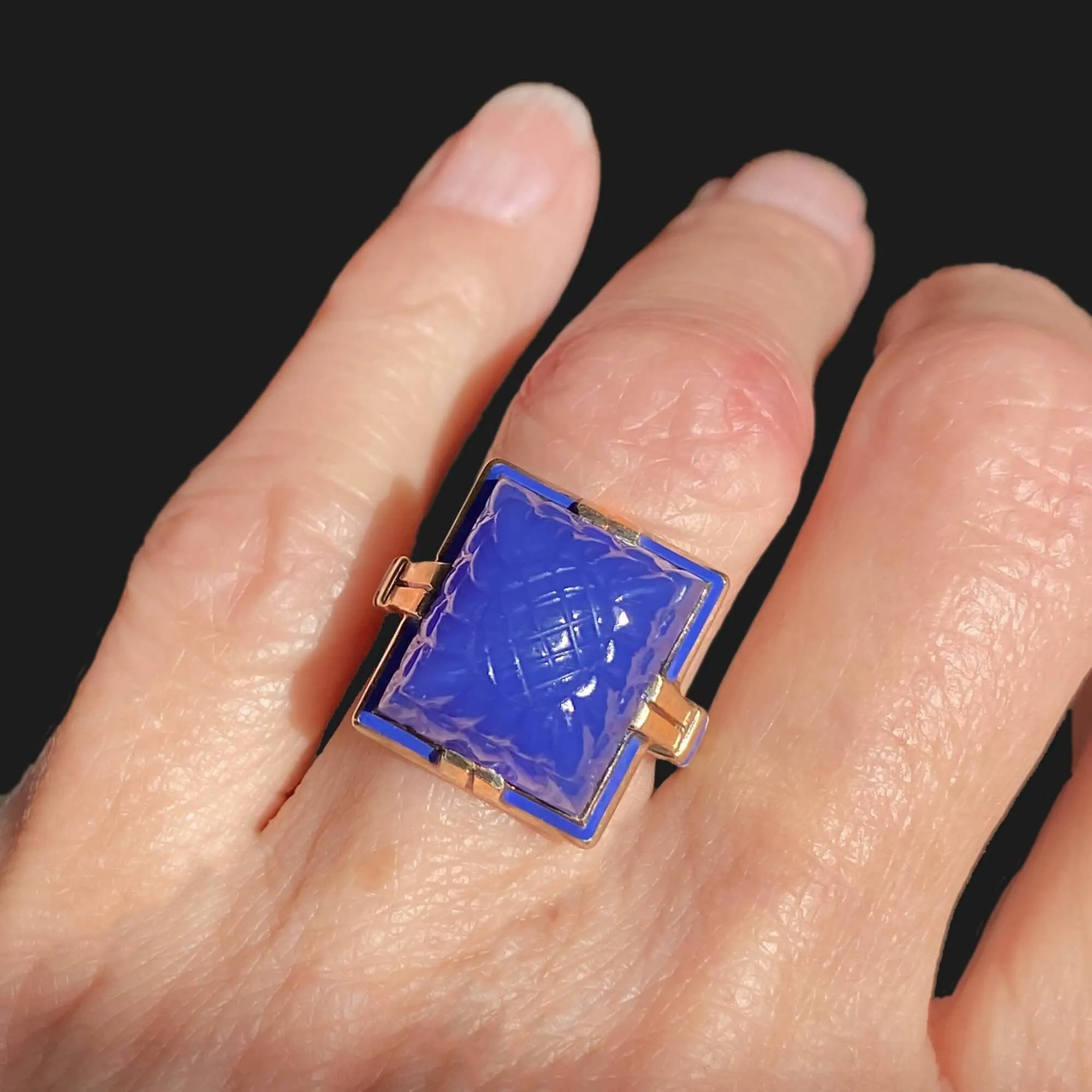 Art Deco Blue Enamel Sugarloaf Chalcedony Ring in 14K Gold