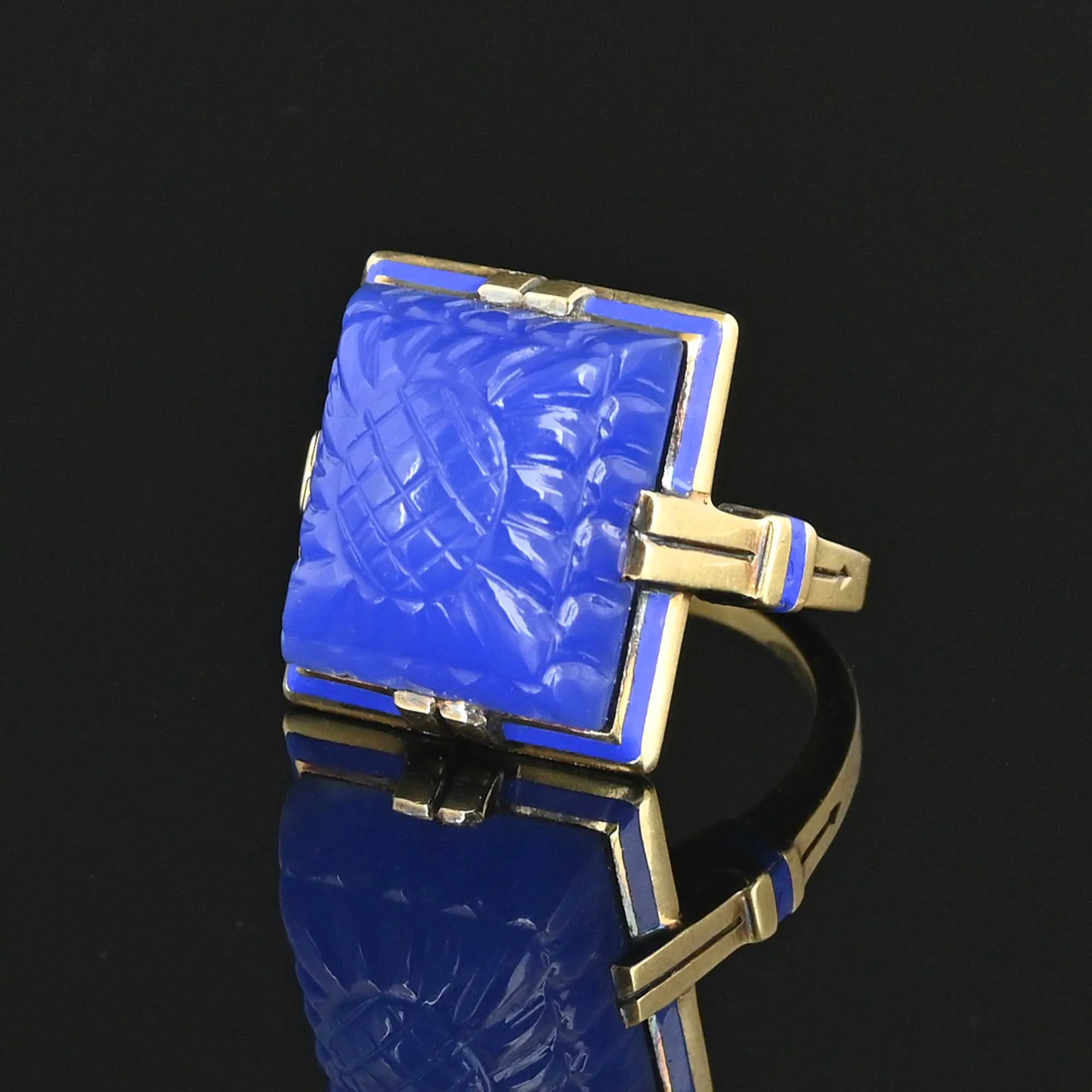 Art Deco Blue Enamel Sugarloaf Chalcedony Ring in 14K Gold