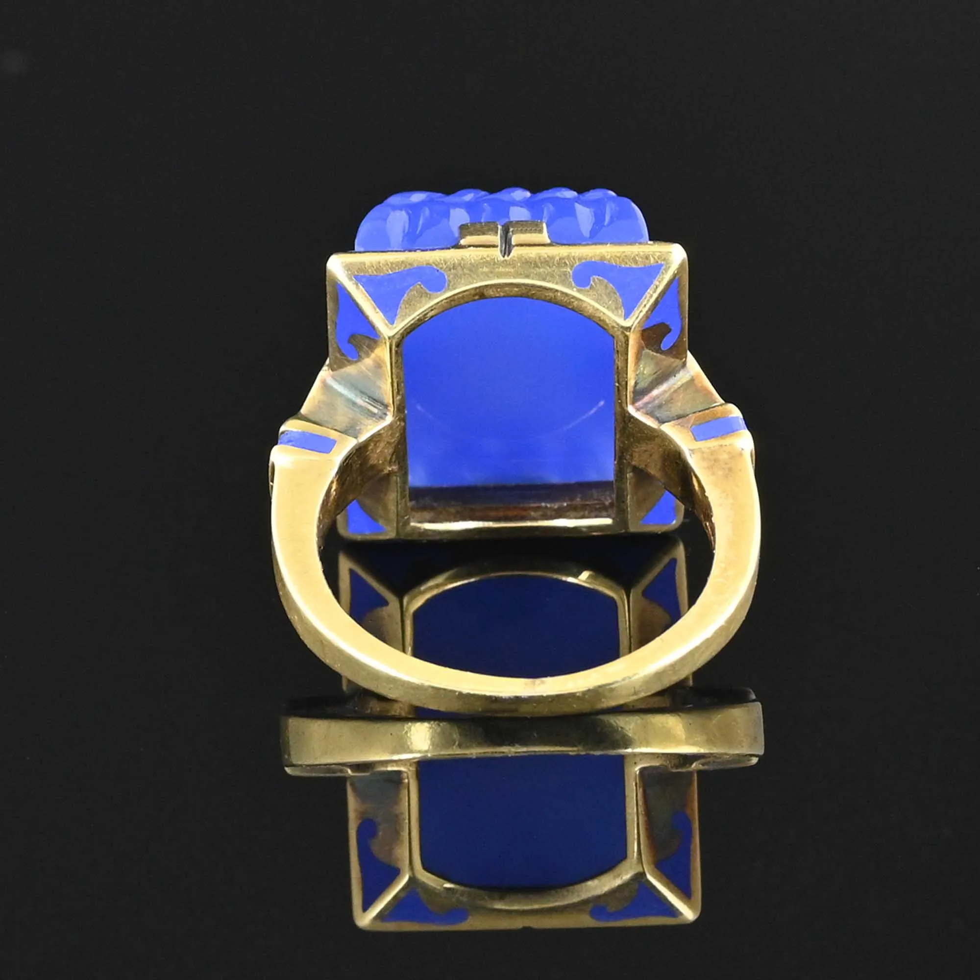 Art Deco Blue Enamel Sugarloaf Chalcedony Ring in 14K Gold