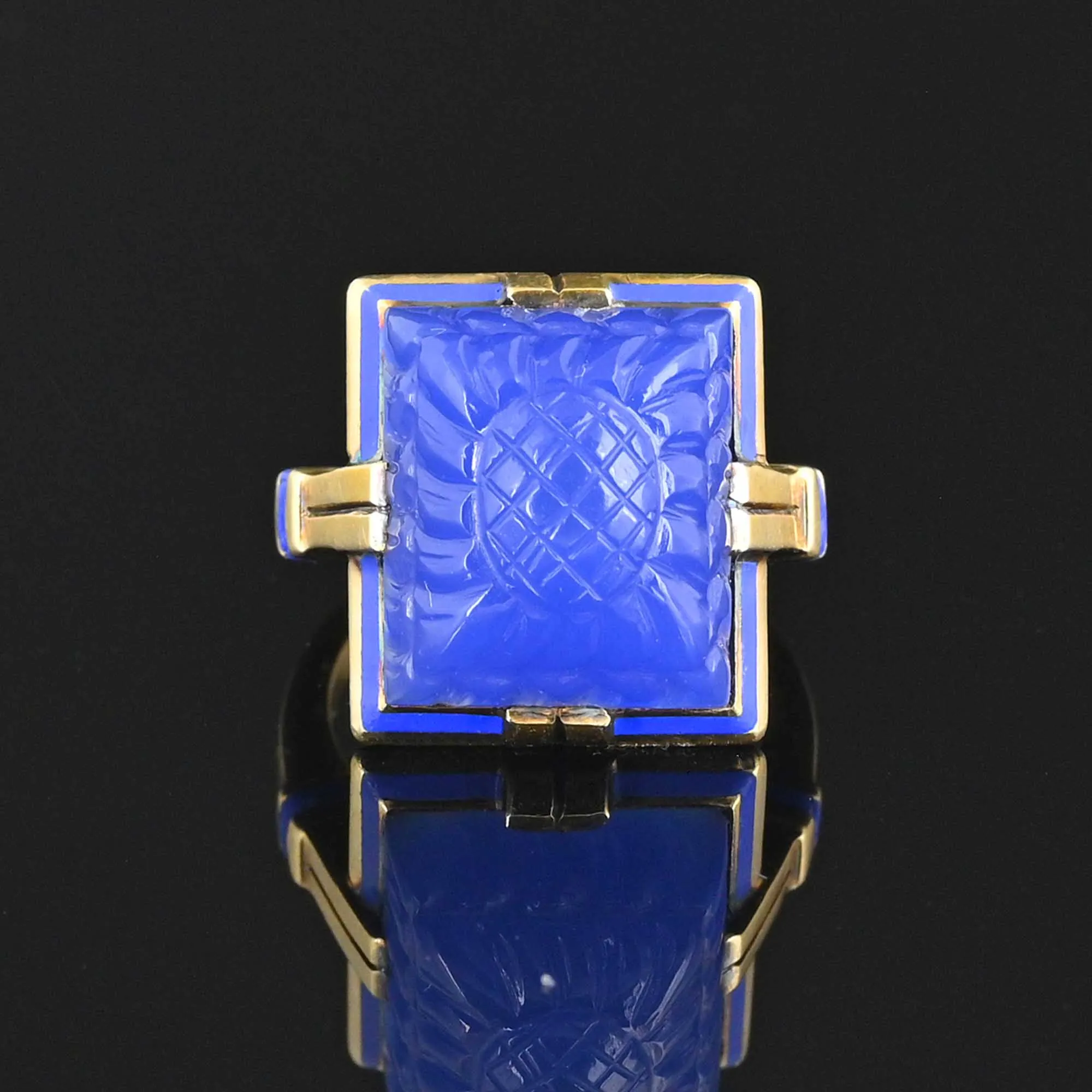 Art Deco Blue Enamel Sugarloaf Chalcedony Ring in 14K Gold