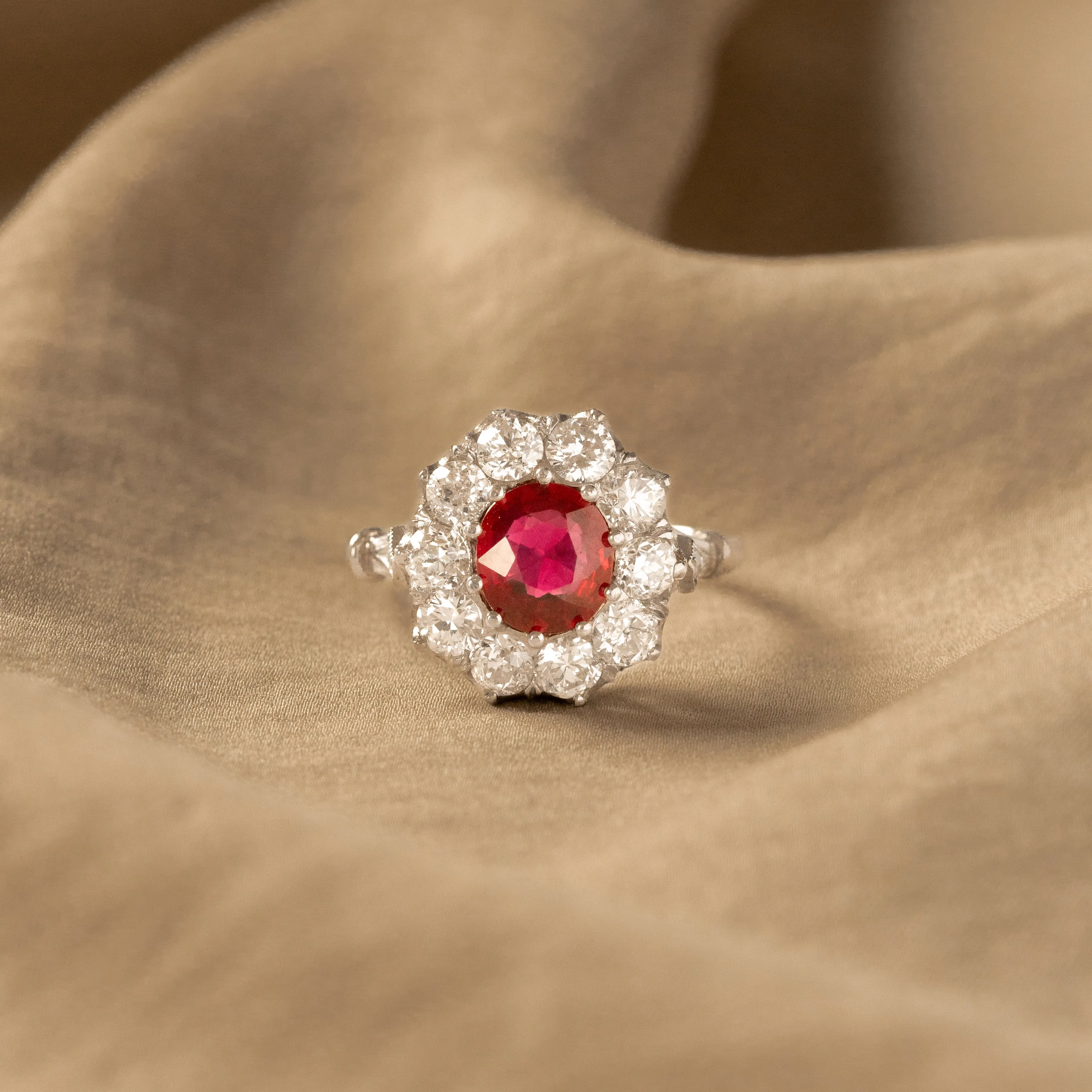 Art Deco Inspired 1.23 Carat Natural Ruby Diamond Halo Ring