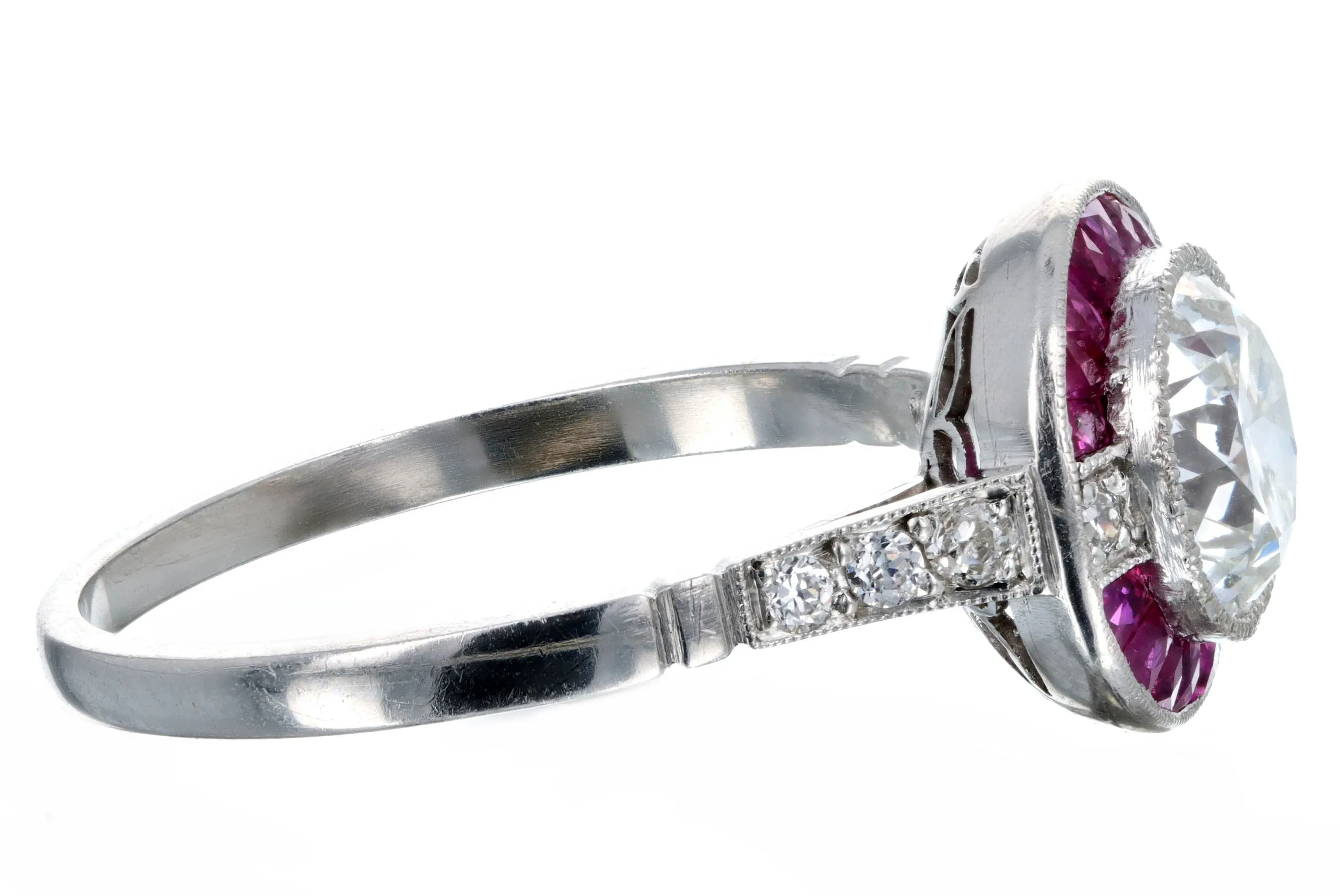 Art Deco Inspired Platinum 1.29 Carat Old European Cut Diamond Ruby Halo Engagement Ring GIA Certified