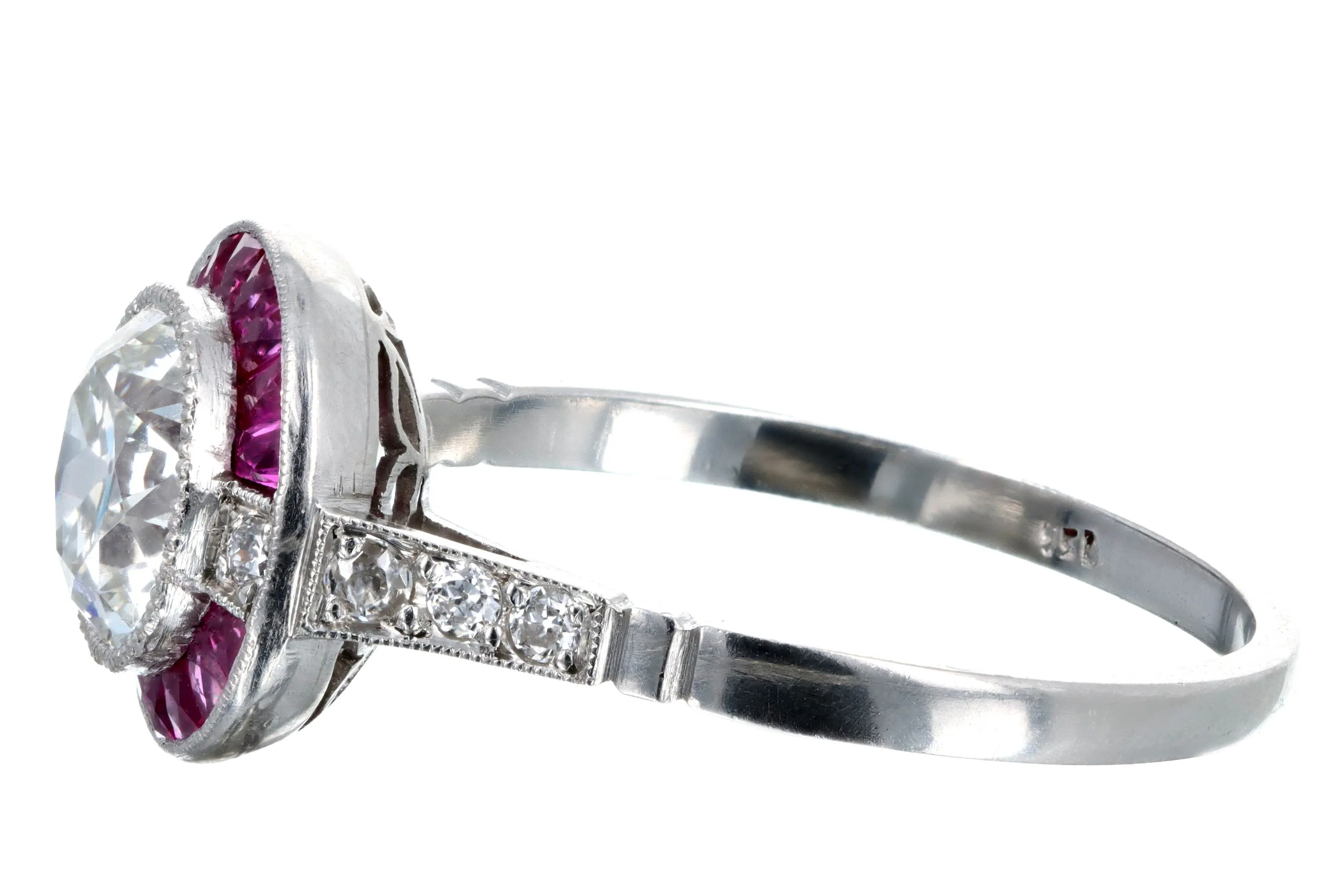 Art Deco Inspired Platinum 1.29 Carat Old European Cut Diamond Ruby Halo Engagement Ring GIA Certified