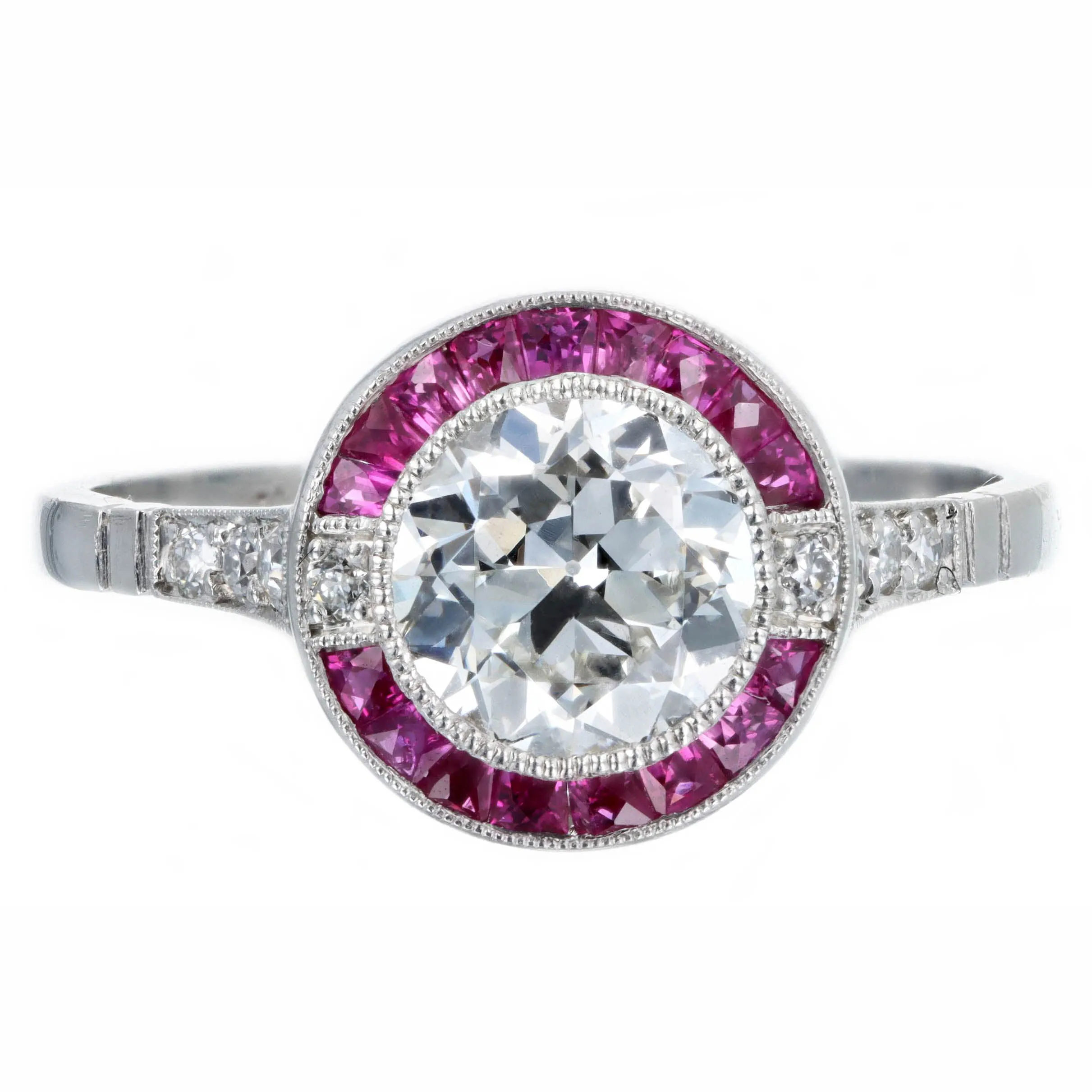 Art Deco Inspired Platinum 1.29 Carat Old European Cut Diamond Ruby Halo Engagement Ring GIA Certified