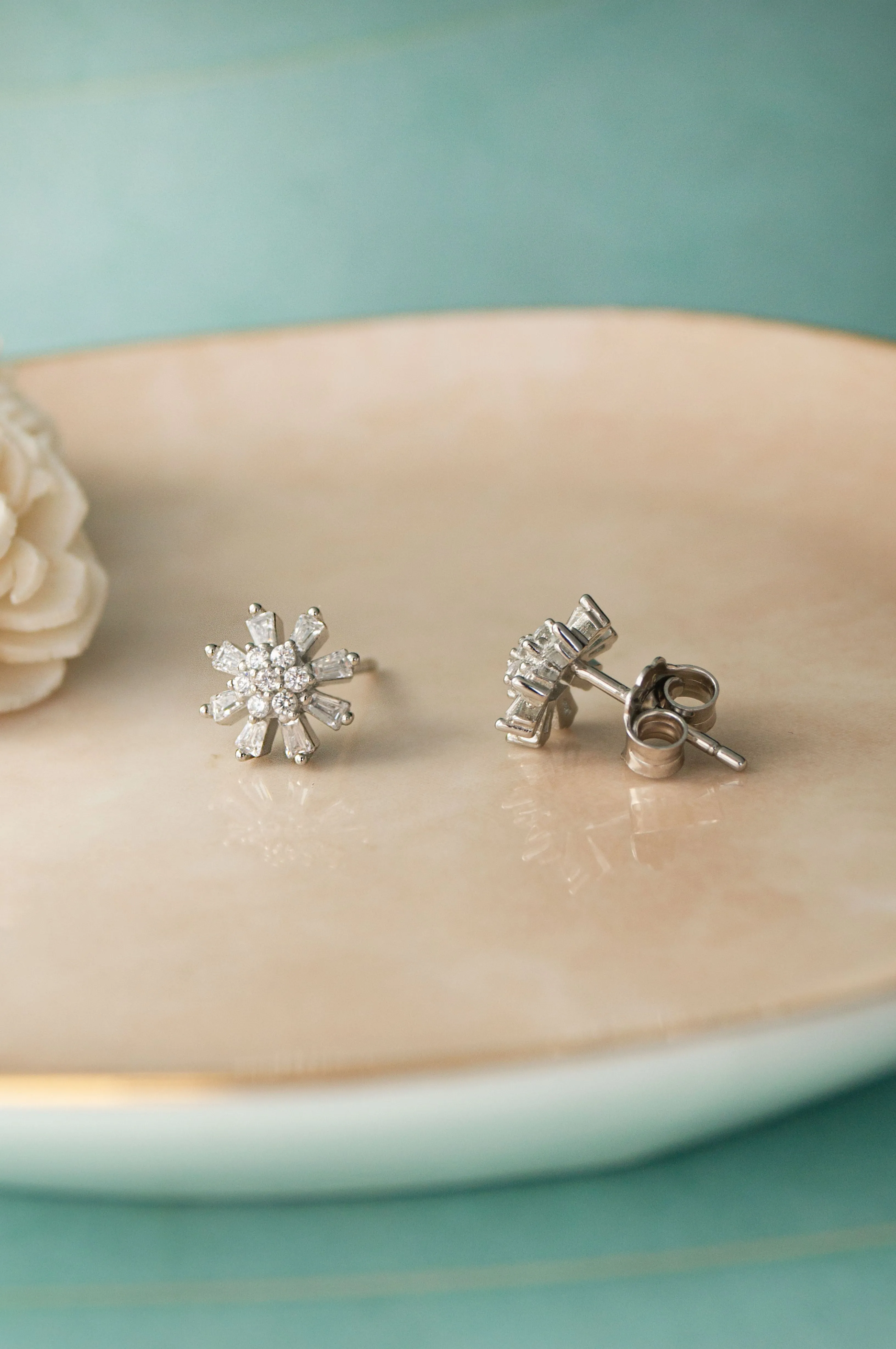 Baguette Treaty Flower Sterling Silver Stud Earrings