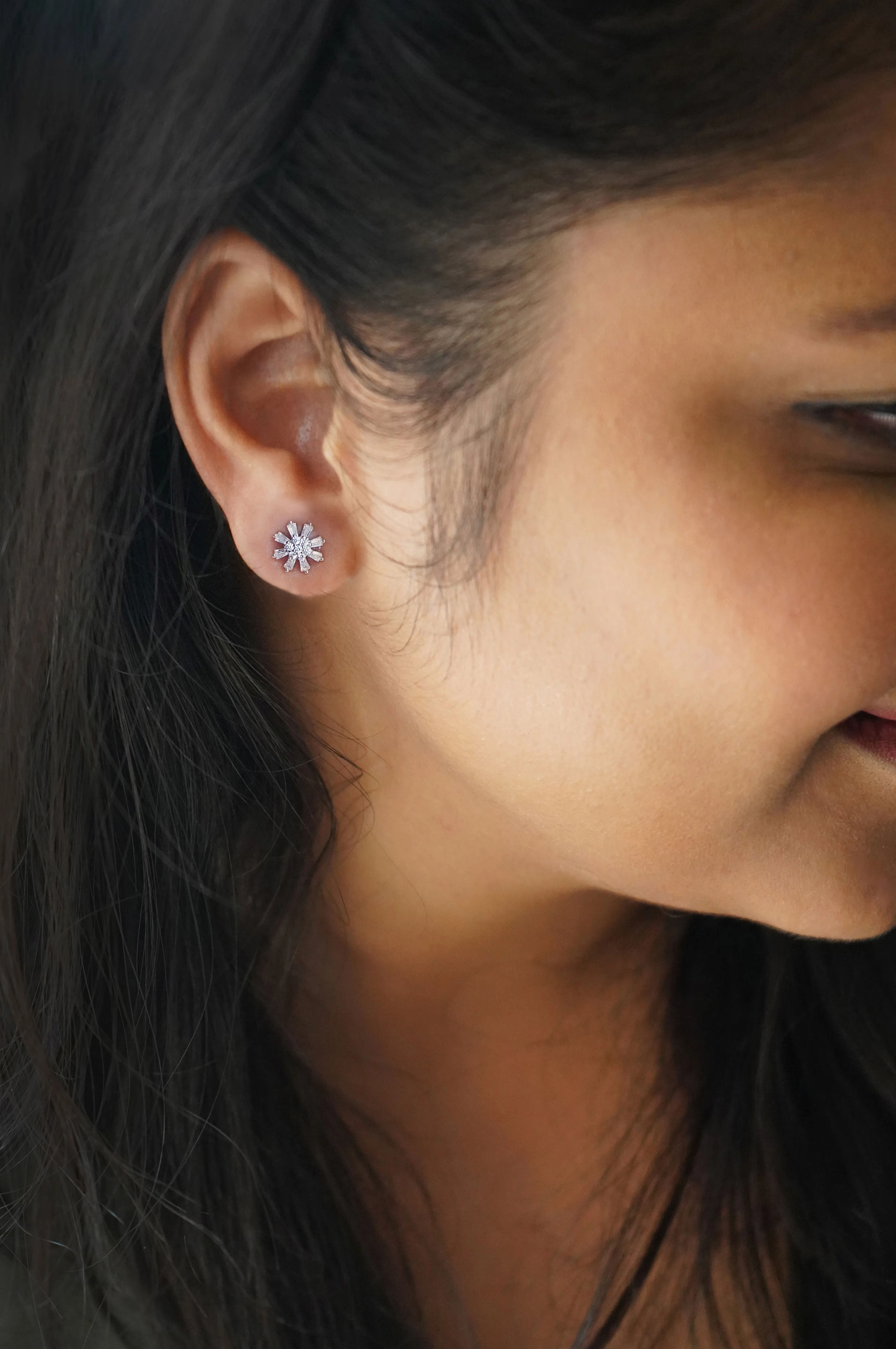 Baguette Treaty Flower Sterling Silver Stud Earrings