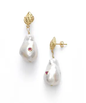 Baroque Pearl Shell Earrings, Ruby (pair)