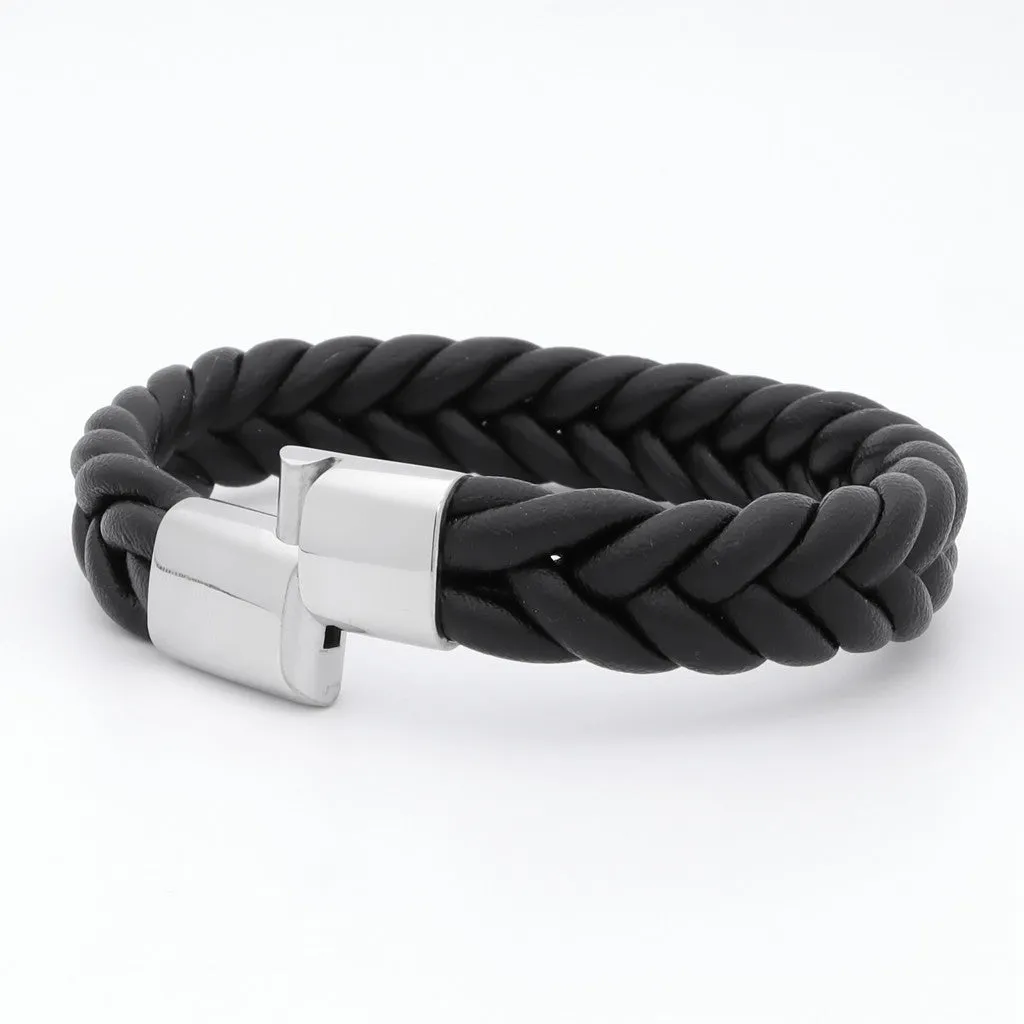 Black Braided One Line Leather Bracelet - 14mm width