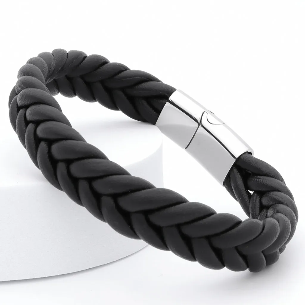 Black Braided One Line Leather Bracelet - 14mm width