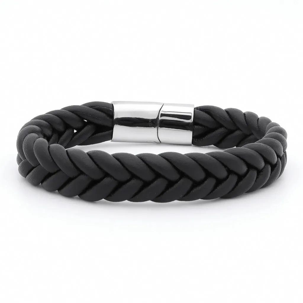 Black Braided One Line Leather Bracelet - 14mm width