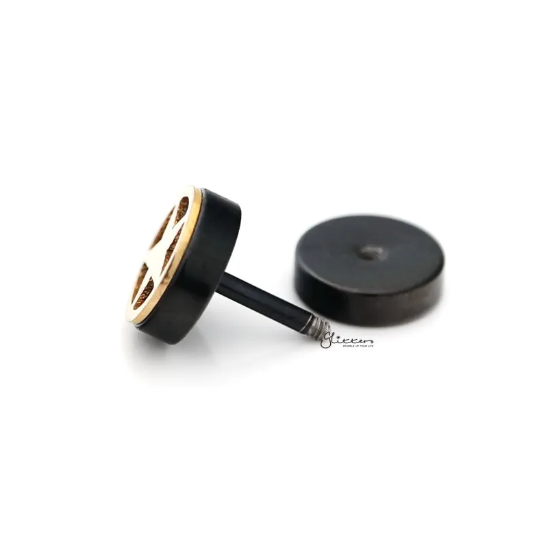 Black Round Fake Plug Earring with Gold Star