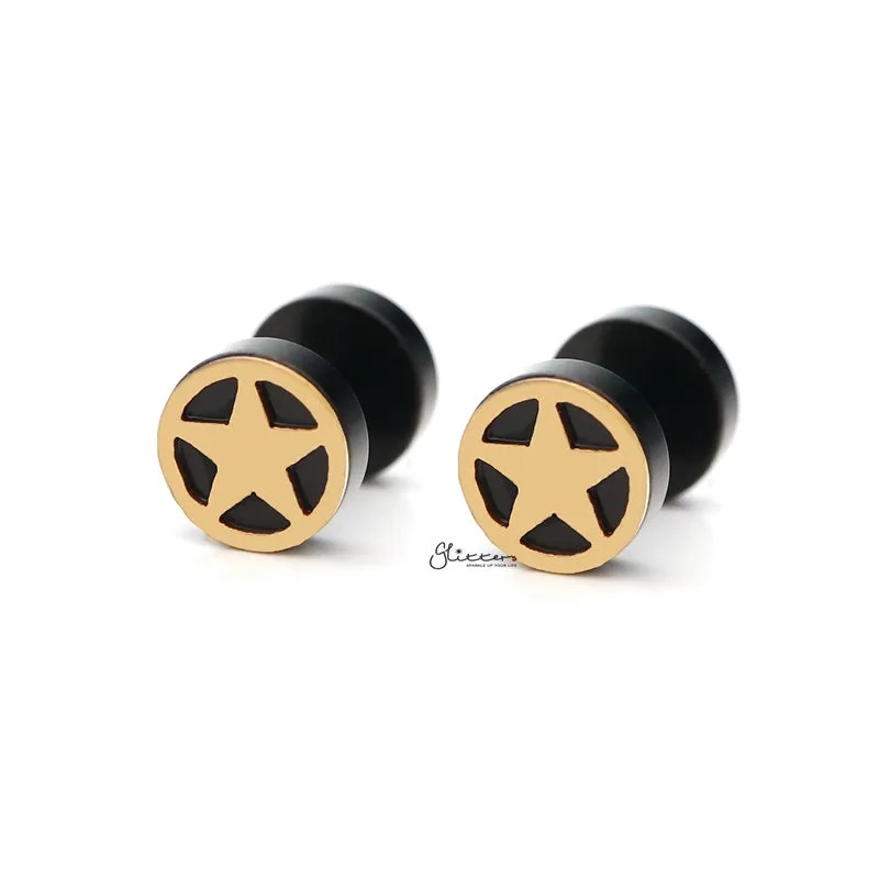 Black Round Fake Plug Earring with Gold Star