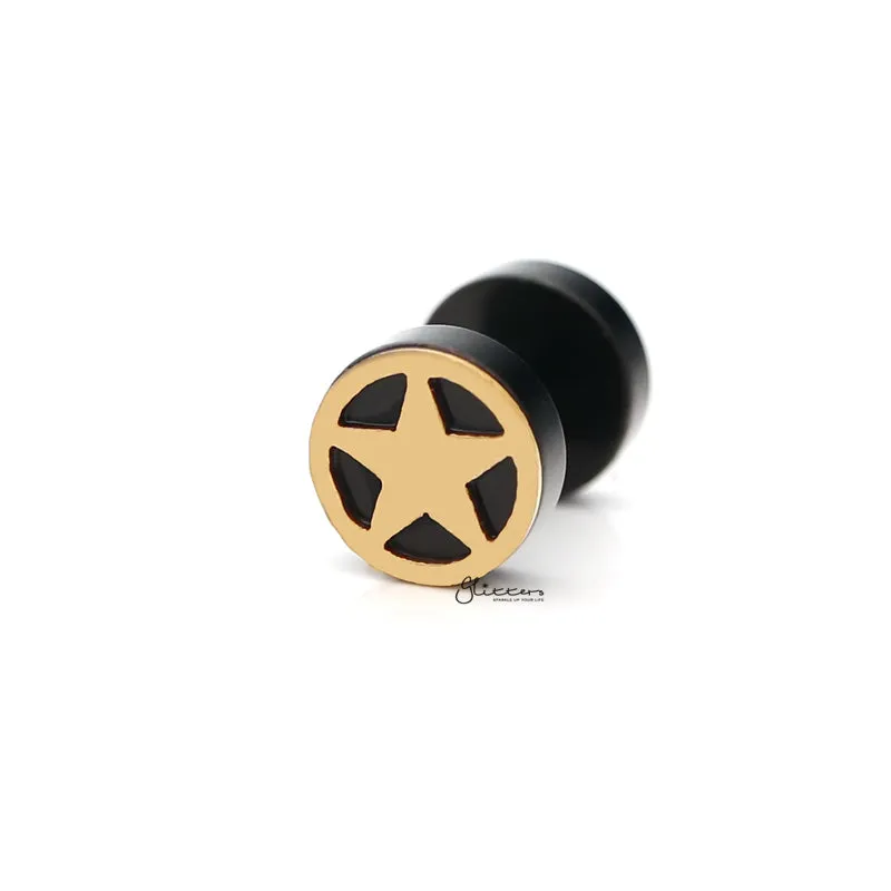 Black Round Fake Plug Earring with Gold Star