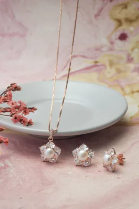 Blooming Pearl Flower Rose Gold Plated Sterling Silver Pendant Set