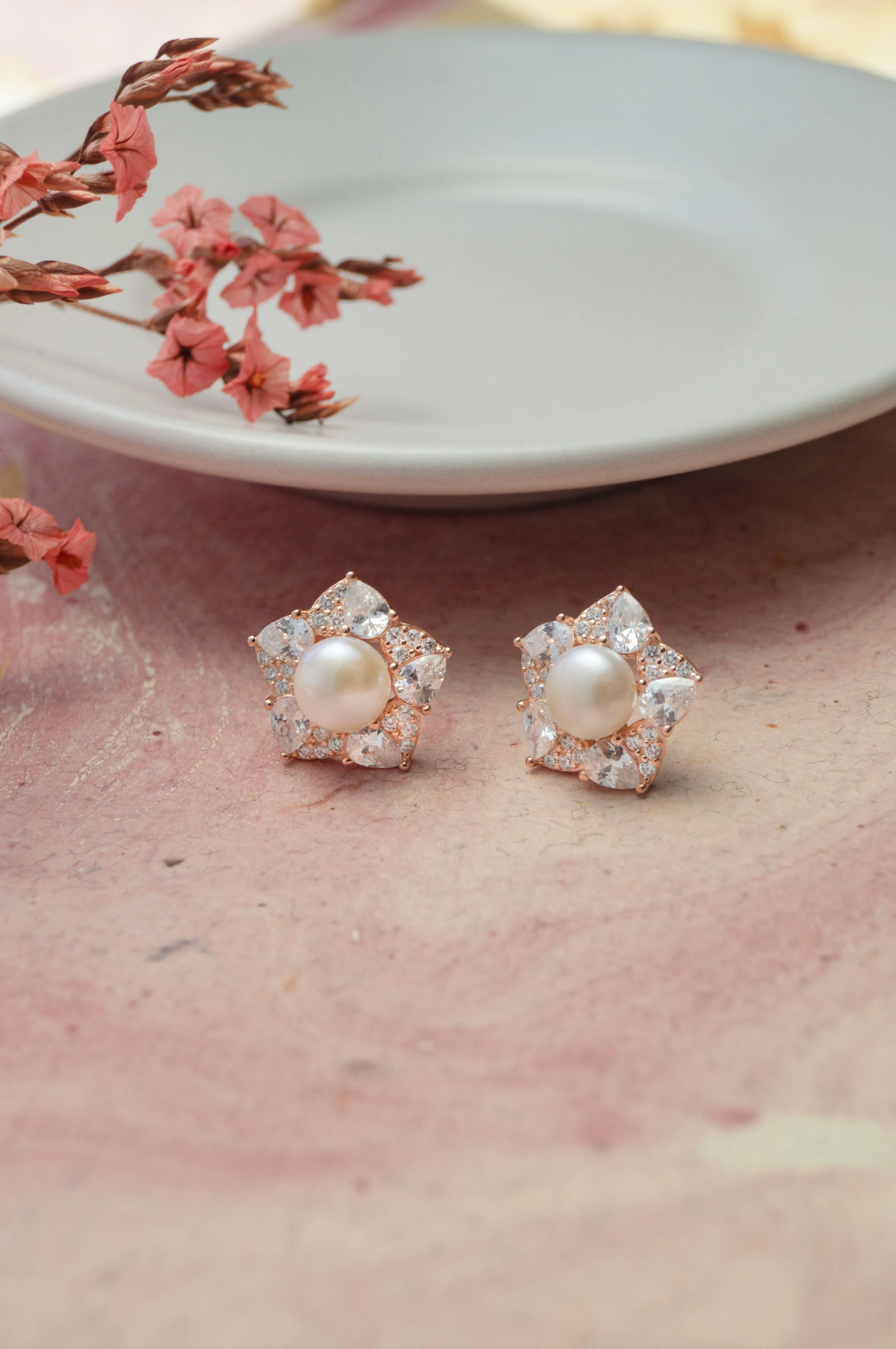 Blooming Pearl Flower Rose Gold Plated Sterling Silver Pendant Set