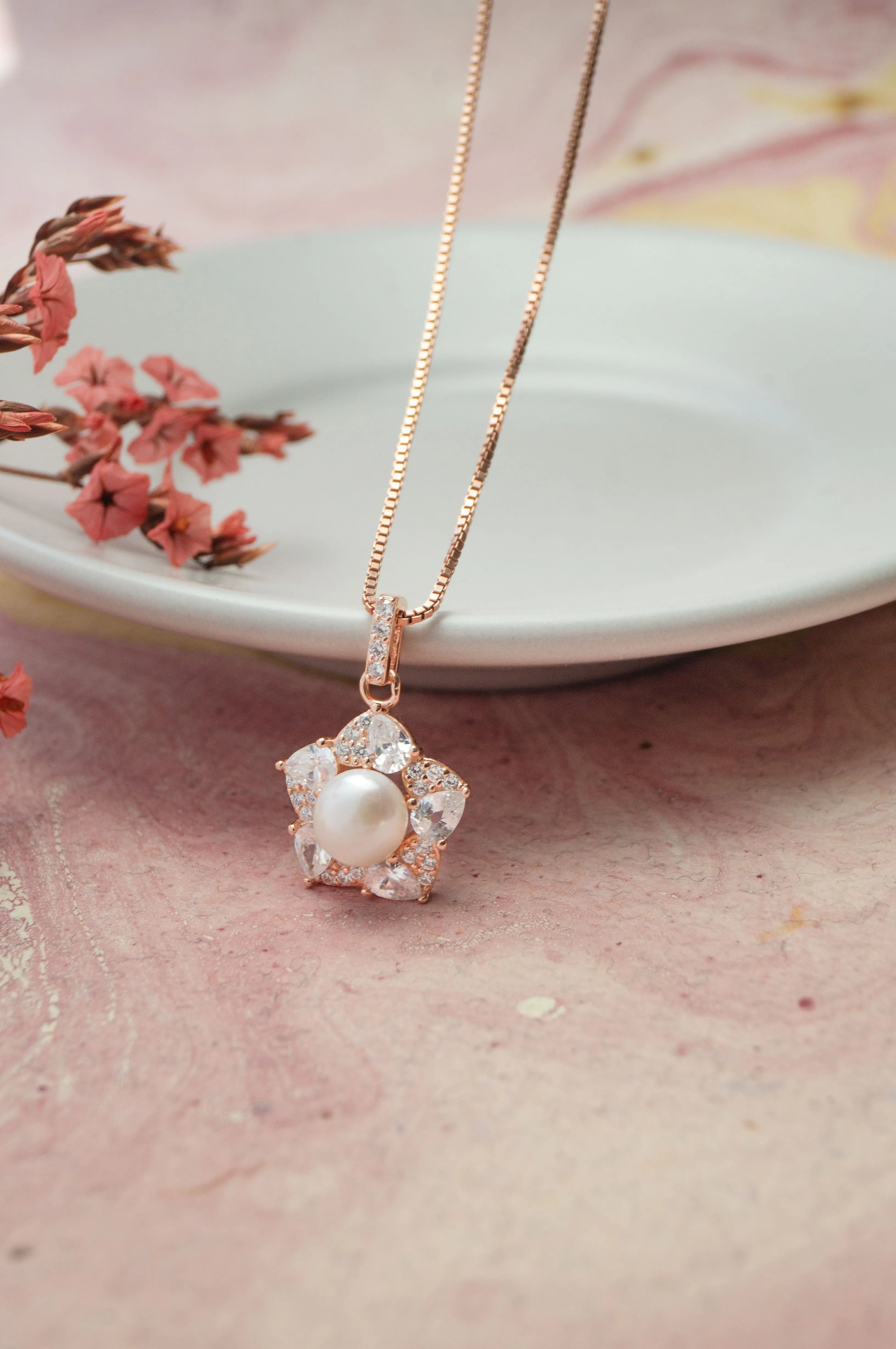 Blooming Pearl Flower Rose Gold Plated Sterling Silver Pendant Set