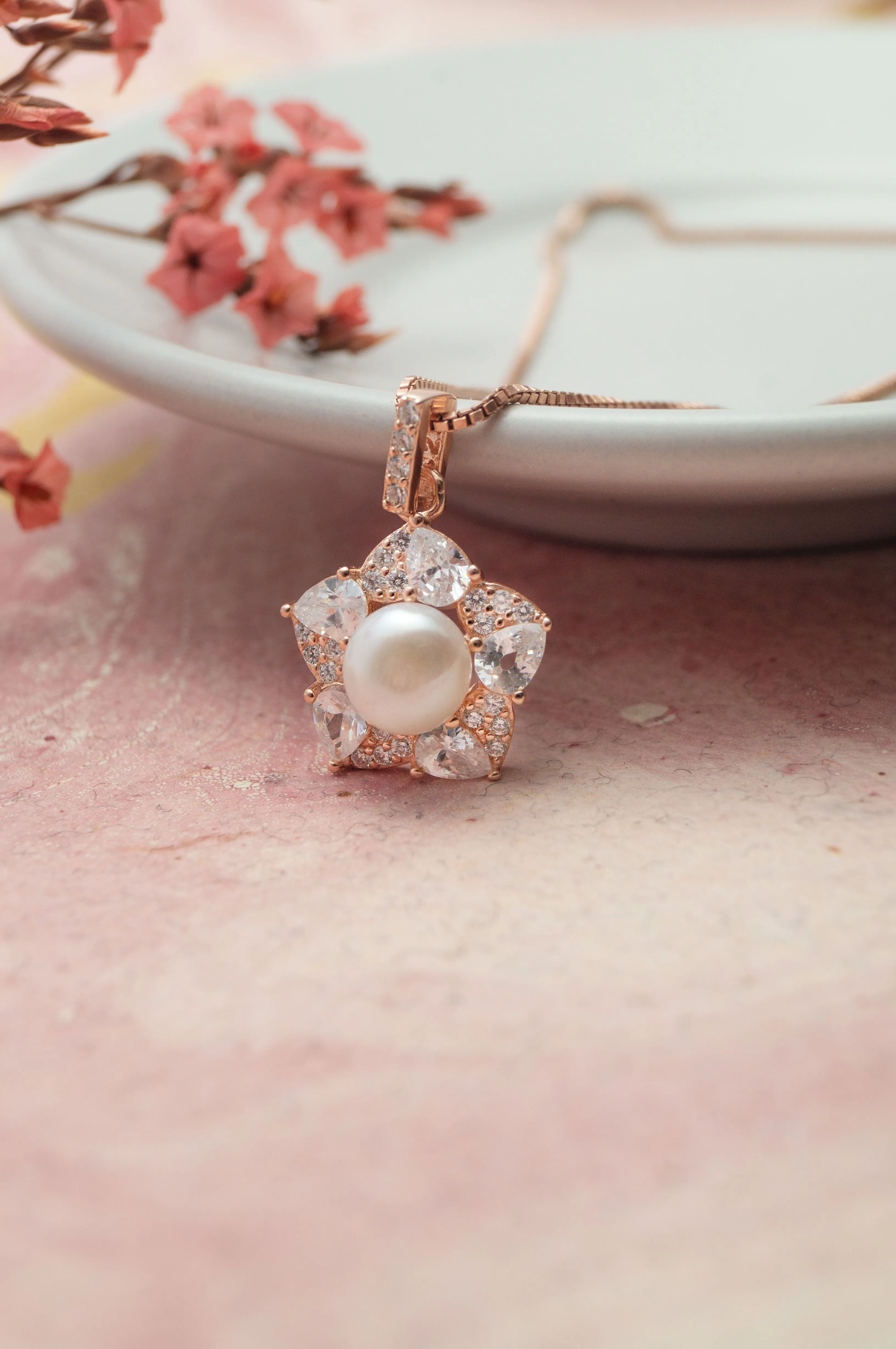 Blooming Pearl Flower Rose Gold Plated Sterling Silver Pendant Set