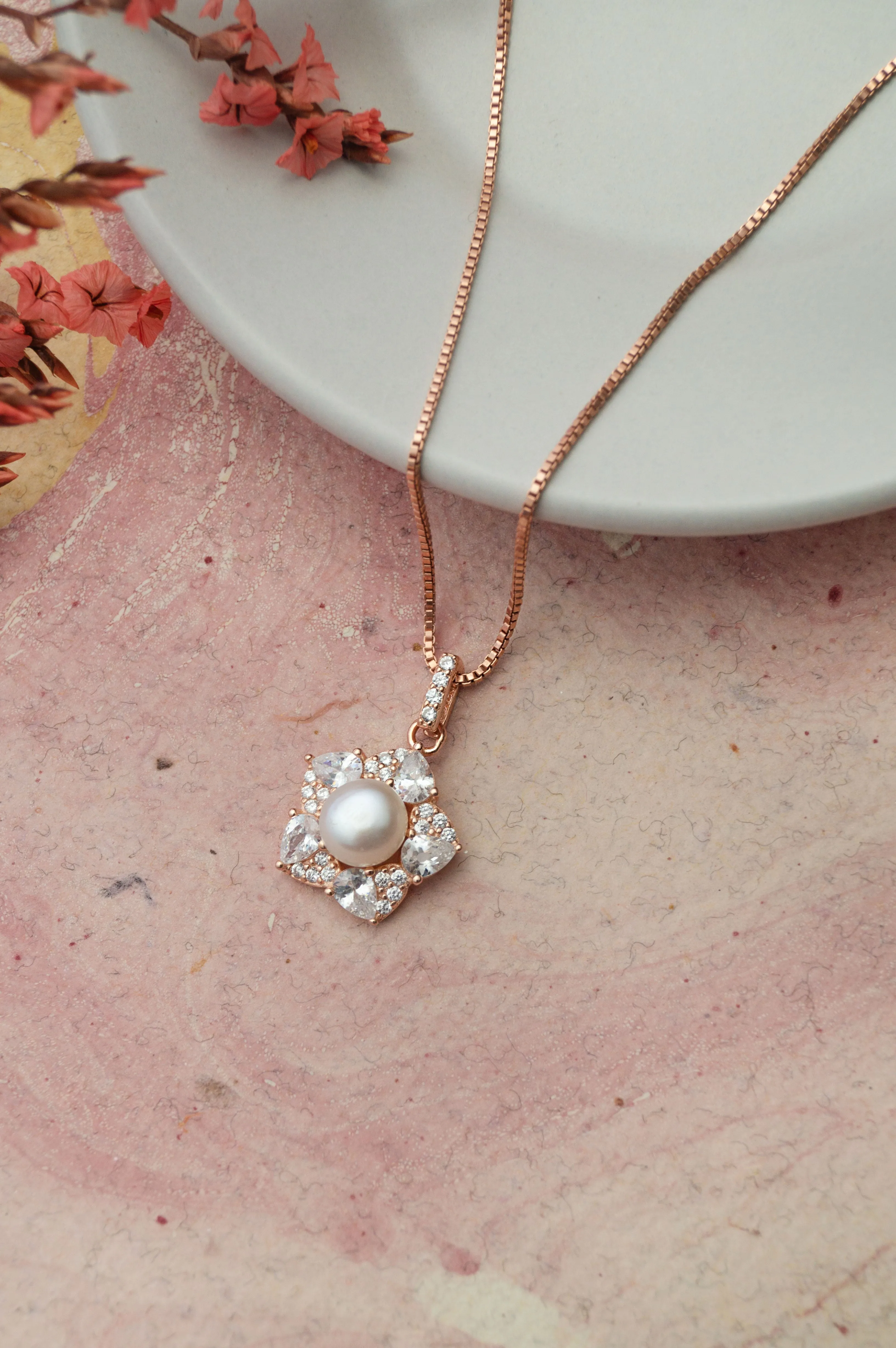 Blooming Pearl Flower Rose Gold Plated Sterling Silver Pendant Set