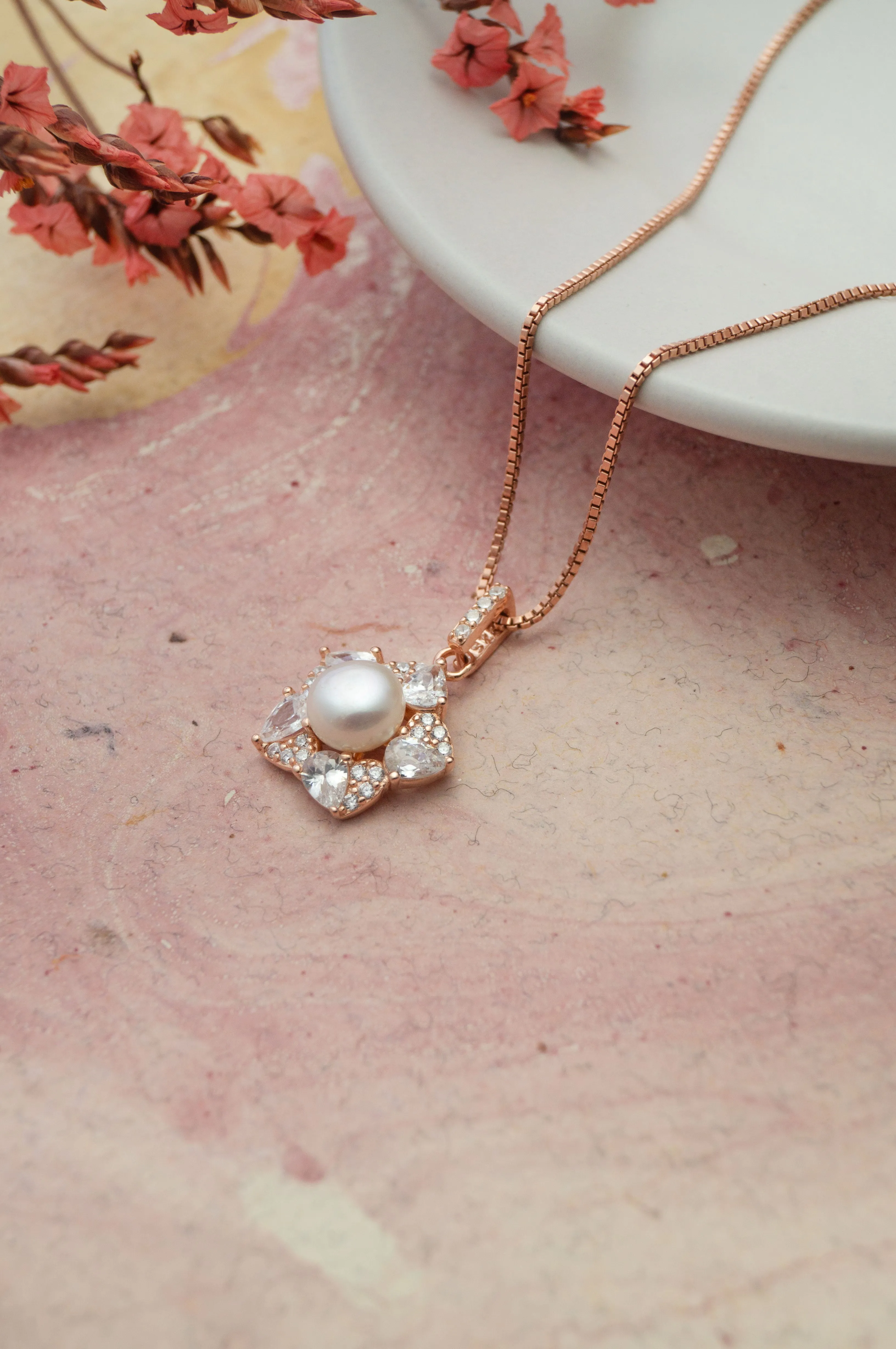 Blooming Pearl Flower Rose Gold Plated Sterling Silver Pendant Set